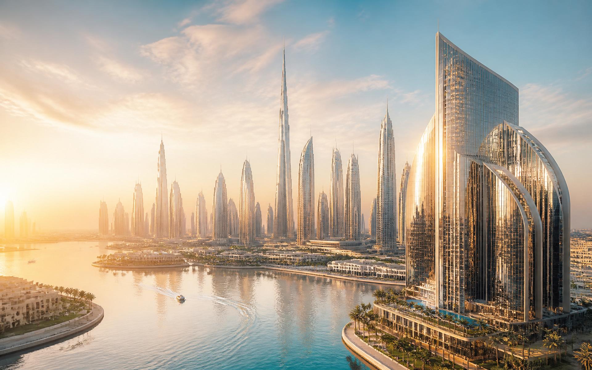 Dubai skyline at golden hour — luminous towers across a calm waterway